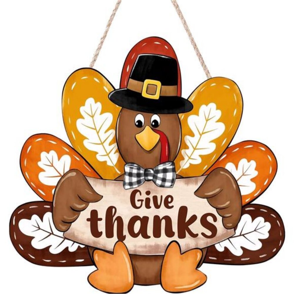 Thanksgiving Give Thanks Turkey Front Door Sign, Fall Wooden Thankful Wreath